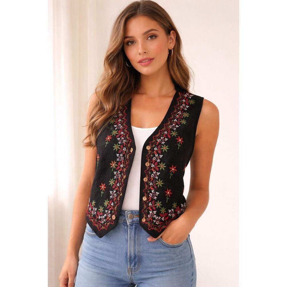 Body Xpressions Vintage Button Front Lined Vest  Wool Blend Floral SZ M #2588